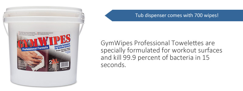 GymWipes Professional Towelettes are specially formulated for workout surfaces and kill 99.9 percent of bacteria in 15 seconds. 